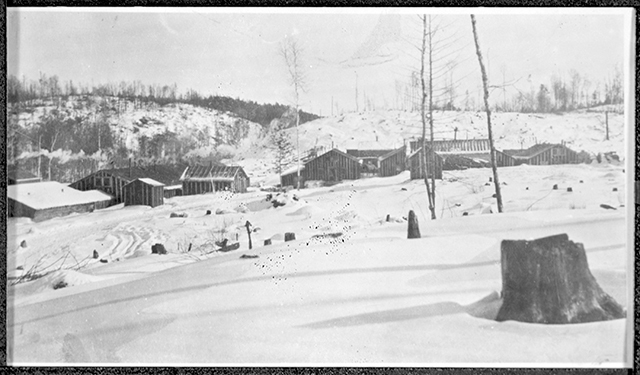 Tree stump in the right-hand foreground of a landscape scene, with trunks behind it in the middle ground, houses behind them, and hills and sky in the background.